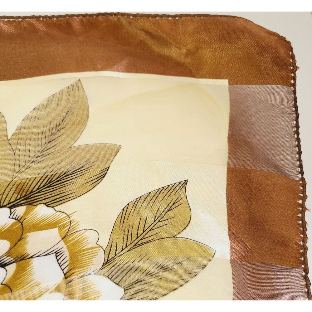 Vtg Floral Peony Satin Scarf Brown Border Lrg Square Lightweight Sheer Material - Picture 5 of 12